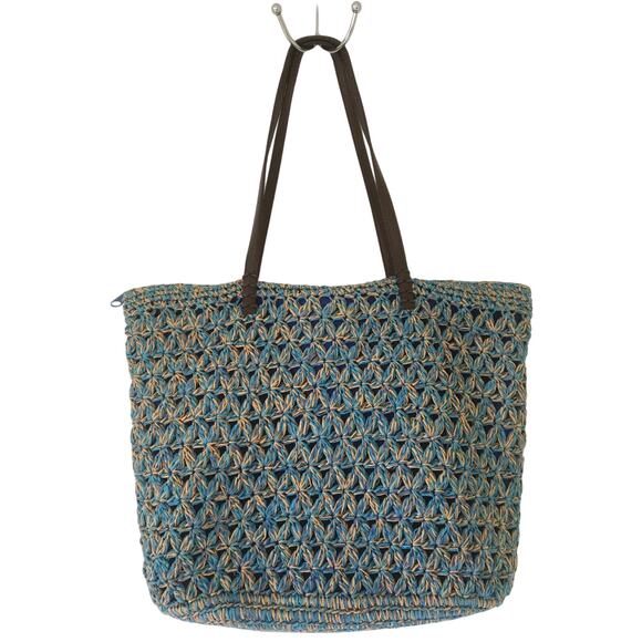 Blue Miami, Woven Blue, Natural Straw, Gold Threads Lined Shoulder Bag Purse - Picture 1 of 10